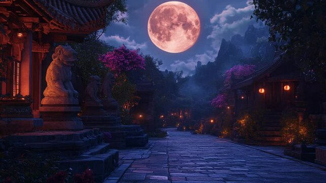 Magical moonlight night in traditional chinese garden with temples and blossoming flowers
