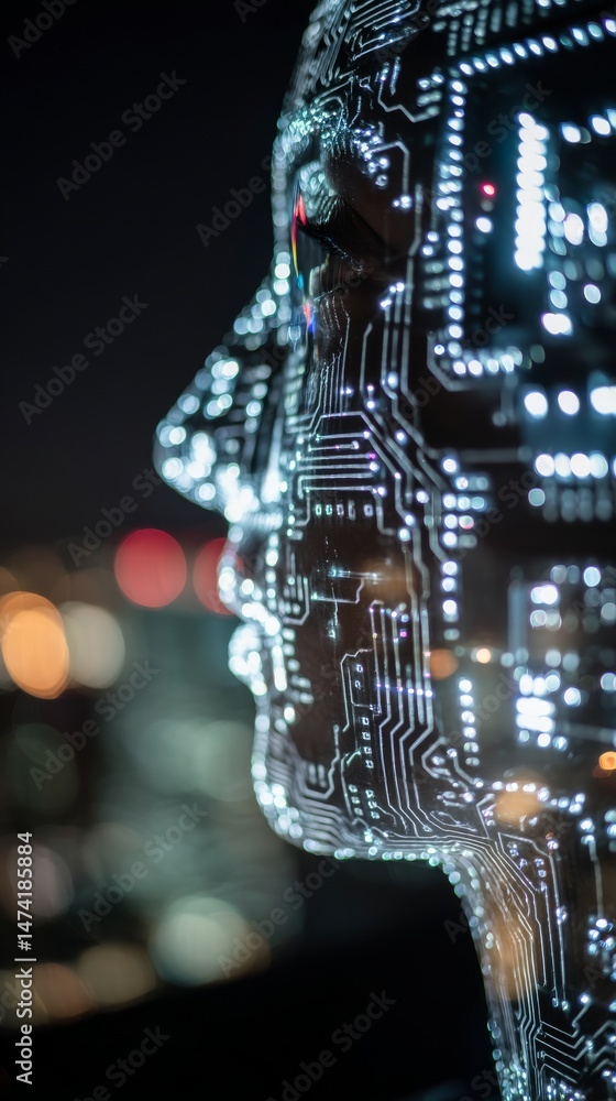 Poster with the aid of a state-of-the-art neural interface, a woman is able to creatively manipulate and co