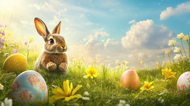 A cute rabbit sitting in a vibrant meadow filled with colorful Easter eggs and blooming flowers, under a bright blue sky with fluffy clouds, evoking a joyful springtime atmosphere