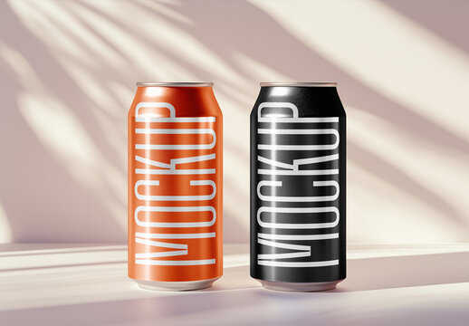 Soda Can Mockup Duo on Bright Background &ndash; High-Resolution Beverage Template for Cola or Energy Drink Branding