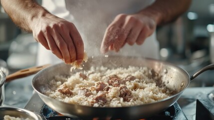 Culinary Artisan Preparing Savory Rice Dish with Meat  in Steaming Pan in a Commercial Kitchen
