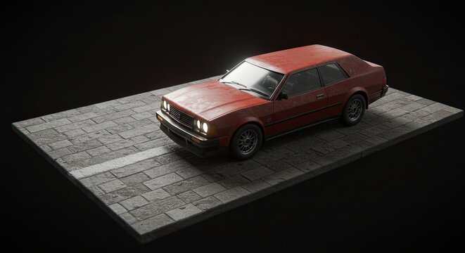 A red car is parked on a brick road