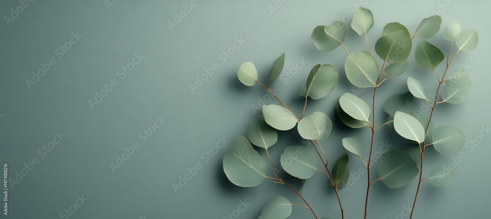 Poster eucalyptus branches on a neutral gray background with space for your text. flat lay style image
