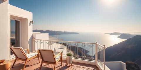 Fototapeta premium Sun-drenched Santorini balcony, sleek chairs facing caldera view, space, paradise