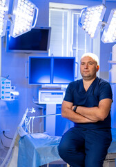 Surgeon confidently in OR. Surgeon in scrubs confidently sits in a well-lit, advanced operating...
