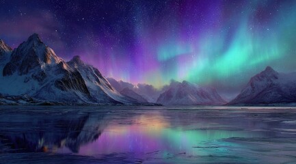Naklejka premium Majestic aurora borealis over a frozen arctic lake, reflecting vibrant colors in the still water. Mountains rise majestically into the starry night sky