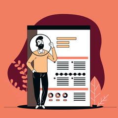 Bearded Man Standing Next to Large Document with Graphical Elements – Concept of Information, Presentation, and Design