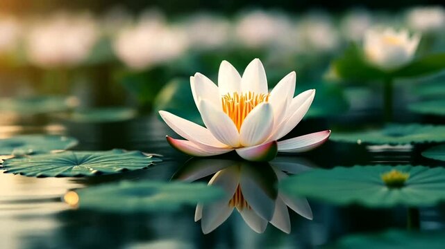 Serene white lotus flower floating on tranquil water, evoking peace and spirituality Perfect for meditation themes