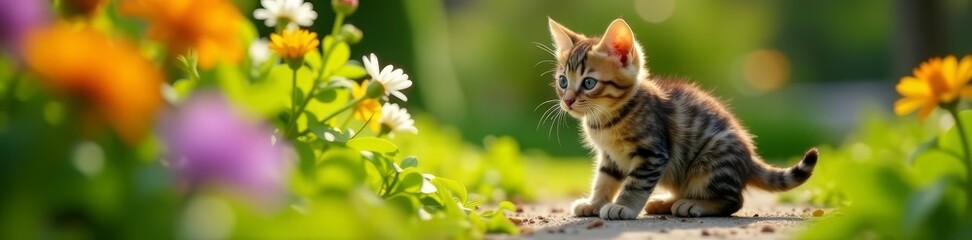 Obraz premium Sweet little cat exploring a beautiful garden with vibrant foliage, nature, foliage, greenery