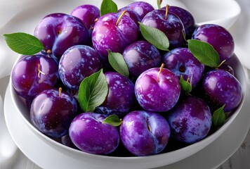 Fototapeta premium Freshly Harvested Purple Plums in a White Bowl Surrounded by Green Leaves, Ideal for Juicy Treats and Healthy Recipes in Bright Natural Lighting
