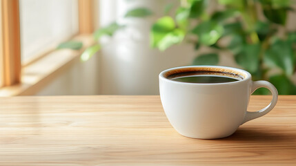 Obraz premium A steaming cup of black coffee sits on a light wood table, near a sunlit window and greenery