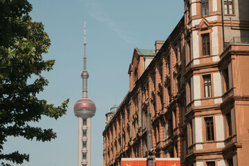 Landscape of pearl TV tower building scenery. The Oriental pearl TV tower is the famous landmarks in Shanghai China