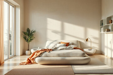 Bright minimalist bedroom with retro-futuristic design and warm morning light