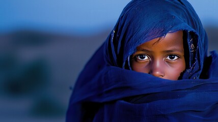 Naklejka premium Young Tuareg girl in a flowing indigo veil walking gracefully through golden Saharan dunes at dusk, soft light casting long shadows across the sand. 