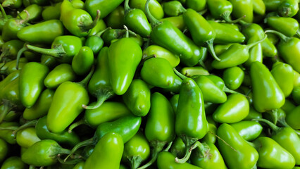 Fresh green peppers in the super market front view