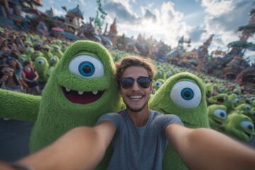 A group of youngsters are captured taking a selfie alongside extraterrestrial beings on a beach, a creation of AI generative art