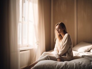 Serene blonde woman in casual attire seated on a bed with eyes closed