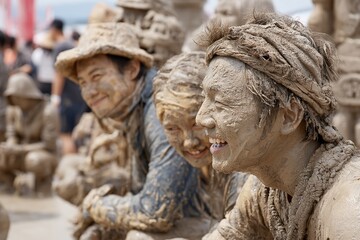 During the summer in Korea, friends are seen smiling and being coated in mud as they take part in the Boryeong Mud Festival. Generative Ai