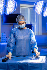 Surgeon ready in OR. A surgeon dressed in blue scrubs and mask is preparing surgical tools on a...