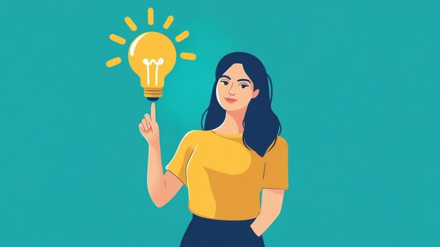 Animated woman having a bright idea with lightbulb above her head, thinking process