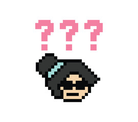 Obraz premium Pixel art cartoon character woman cute question mark decoration 8 bit female girl lady confused idea question mark think questionnaire choose cartoon pixel game 8bit png vector.