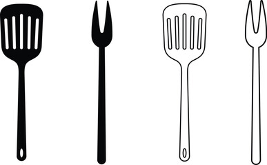 rying pan grilling utensils kitchen spatula tool icon set vector collection isolated on transparent background. Silhouette symbol. Kitchen utensils for cooking food design for web and app.