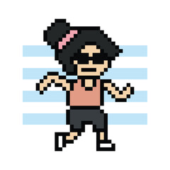 Obraz premium Pixel cartoon run exercise cute cartoon 8bit character woman lady run running jog cardio lifestyle decoration life style 8 bit female jog marathon exercise game 8 bit game vector.