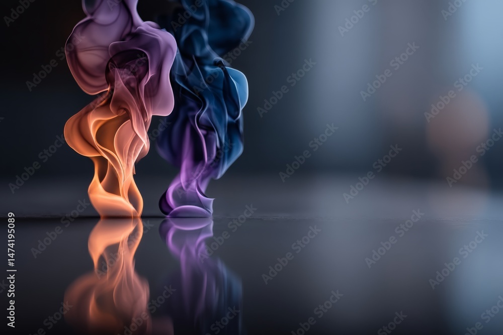 Poster Colorful smoke swirls blend together creating an abstract display with reflections on a smooth surface