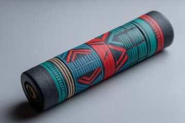 Unique decorative wooden rolling pin with vibrant tribal patterns in bold colors displayed on a neutral background
