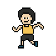 Obraz premium Pixel cartoon exercise cute run 8bit character man run running jog cardio lifestyle decoration life style 8 bit male boy jog marathon exercise png game 8 bit vector.