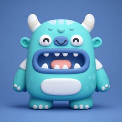 Fototapeta premium A whimsical children's illustration on a white background showcases a cute cartoon alien, depicted as a 3D monster character with a big smile, large teeth, and a wide open mouth, making for a