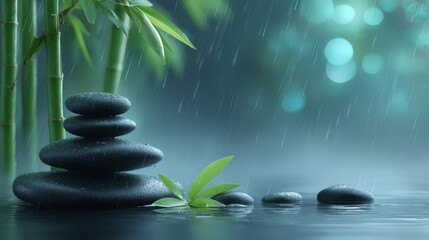 Obraz premium A peaceful ambiance for spa and wellness is achieved with zen stones gently placed in calm water, complemented by a serene bamboo and greenery background