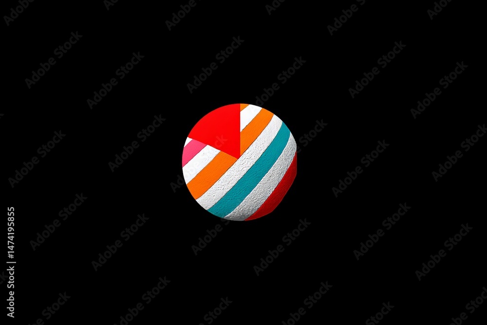 Poster Colorful abstract sphere with geometric patterns on a black background displayed in an artistic setting
