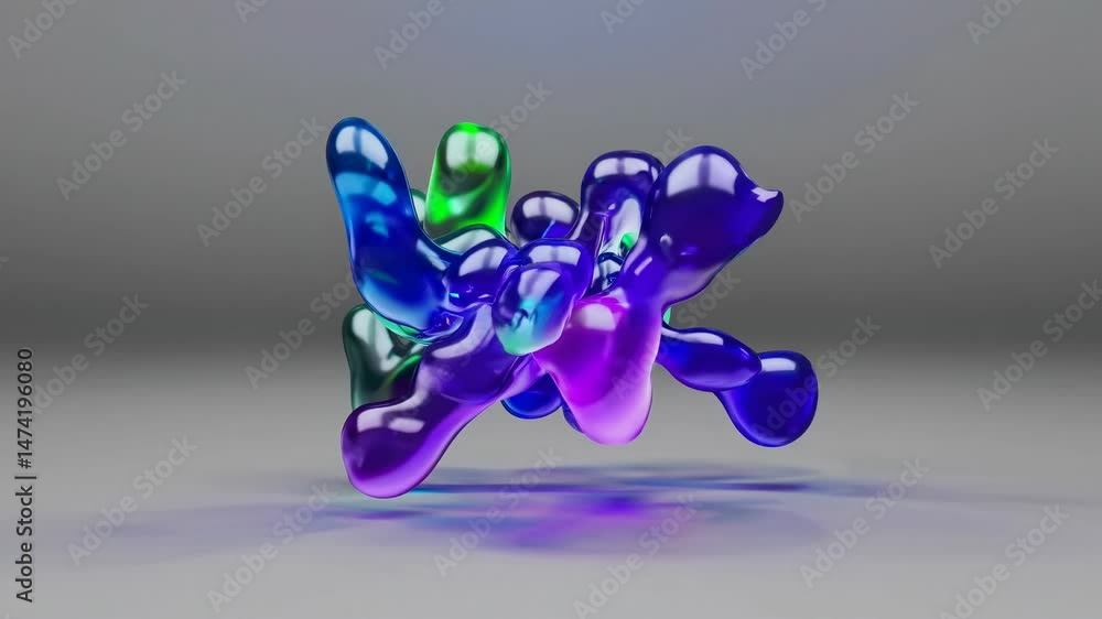Poster vibrant abstract blob transforming, shifting iridescent hues across monochrome backdrop, generating 