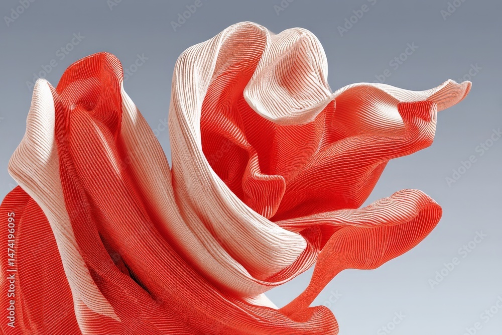 Poster Elegant abstract fabric design in vibrant red and white waves captured in a smooth gradient background