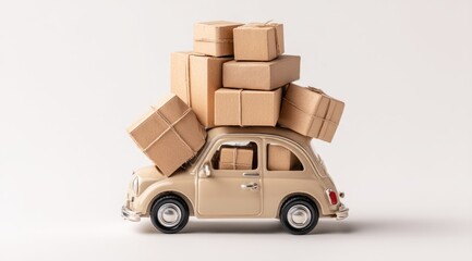 A miniature vintage car overloaded with packages