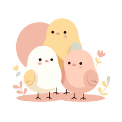 A minimalist and stylish digital illustration of three little chick, using clean shapes, soft pastel hues
