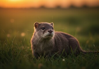 Alert otter resting in green grass at sunset, looking to the side