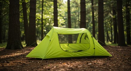 Camping tent set up in a forest clearing
