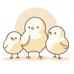 A minimalist and stylish digital illustration of three little chick, using clean shapes, soft pastel hues