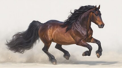 Obraz premium Majestic Bay Horse Galloping with Dust Trails, and White Background.