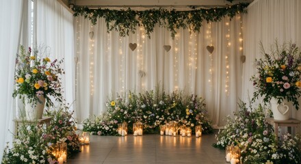 Wedding Reception Decor Featuring Floral Arrangements Candles and String Lights