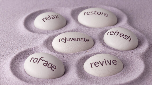 Five smooth, off-white stones rest in purple sand, each inscribed with word related to rejuvenation and relaxation: relax, restore, refresh, rejuvenate, revive. Showcases wellness and serenity.