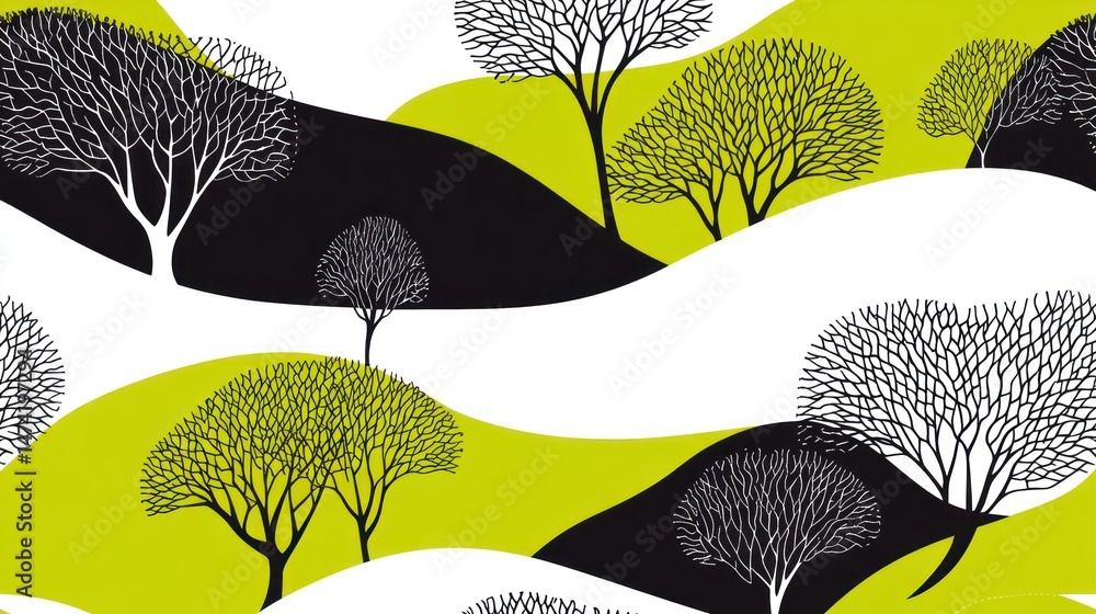 Poster nature inspired seamless pattern with trees and hills