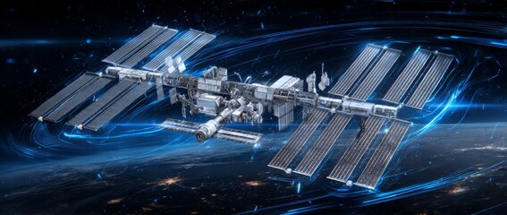 Floating above a distant, glowing planet, a sleek space station exists in a futuristic galaxy setting