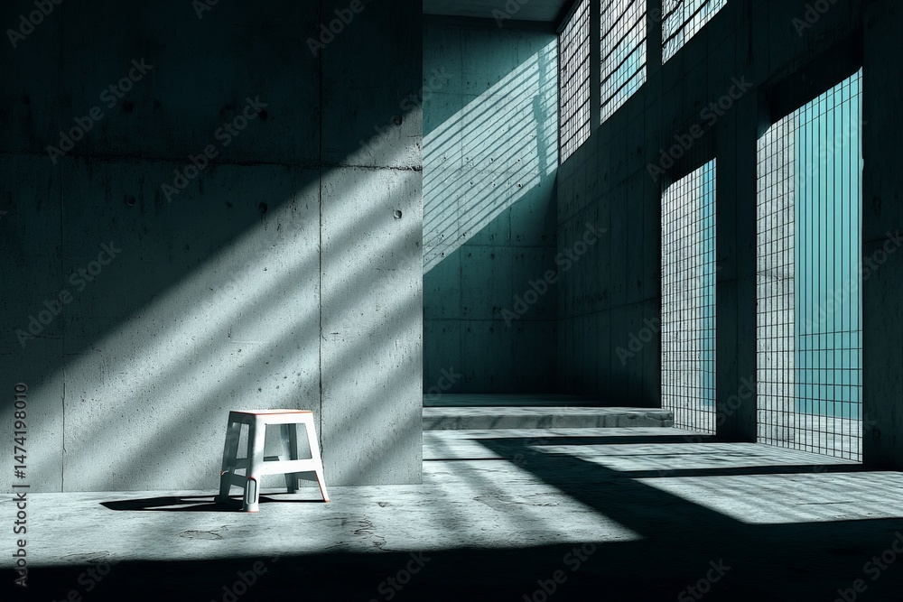 Poster modern interior with geometric light patterns highlighting a single stool in an industrial space dur