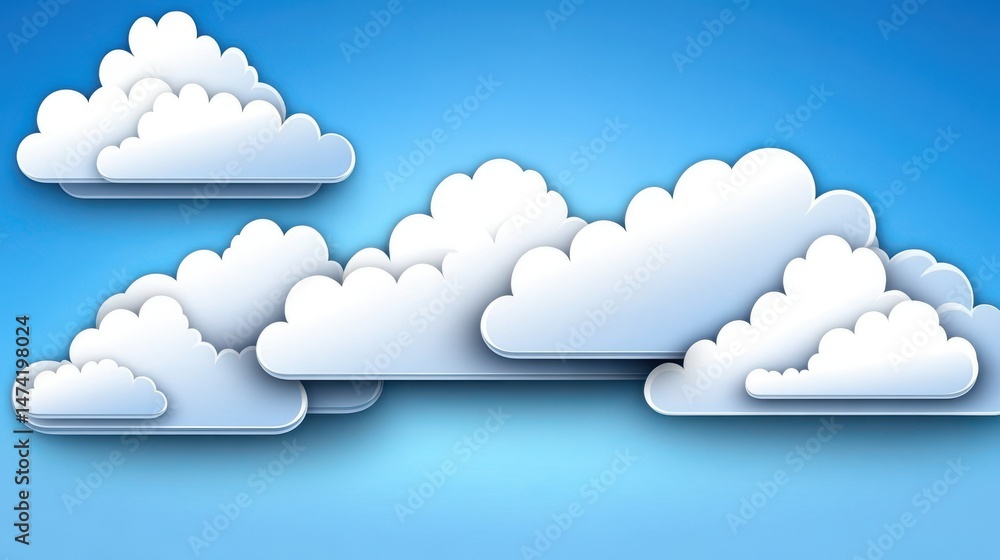 Poster soft white clouds floating against a bright blue sky with gentle shades and shadows creating a calm 