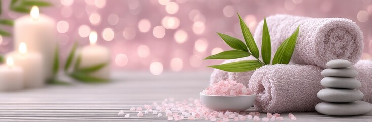 A cropped shot features spa accessories, including a white towel, a candle, and herbal compressing balls