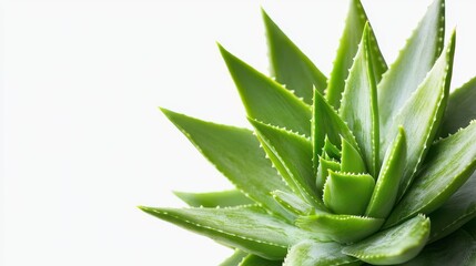Fototapeta premium Close up of a fresh, green aloe vera plant against white. Useful for health, beauty, and wellness related projects.