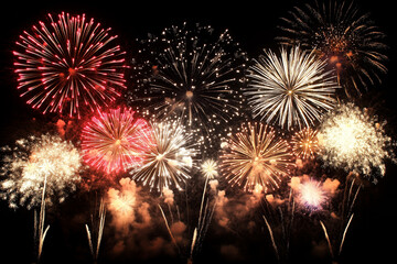 A spectacular and vibrant display of multiple fireworks in various colors illuminating the dark night sky, creating a breathtaking and celebratory scene.